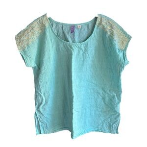Alya Size Medium Blue Green Top With Gold Embroidered Shoulders
